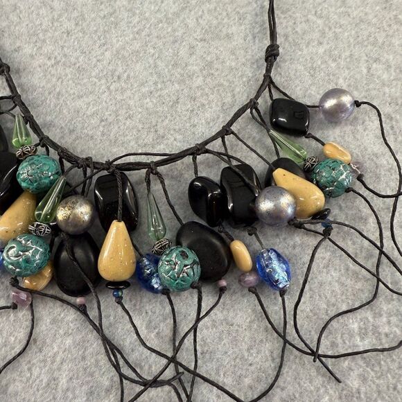 Teresa Goodall Vintage Resin Glass Bead Necklace Linen Cord Signed Boho Jewelry - Picture 6 of 12